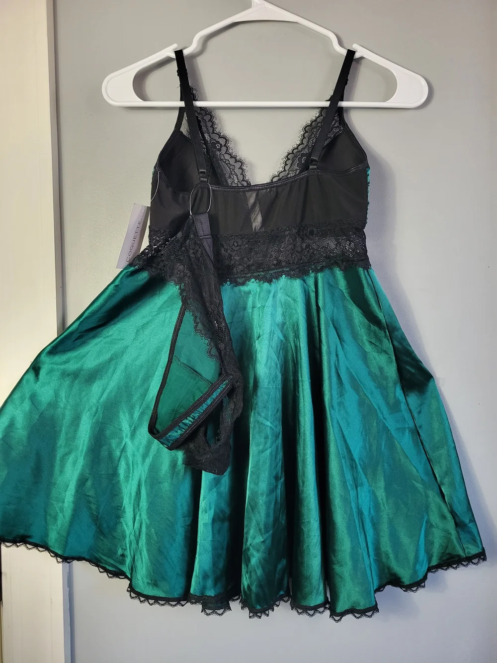 Emerald Satin & Black Lace Babydoll Chemise
